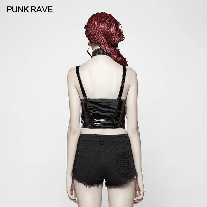 Punk Stretch-gloss Coated Knitted Strap Short Vest