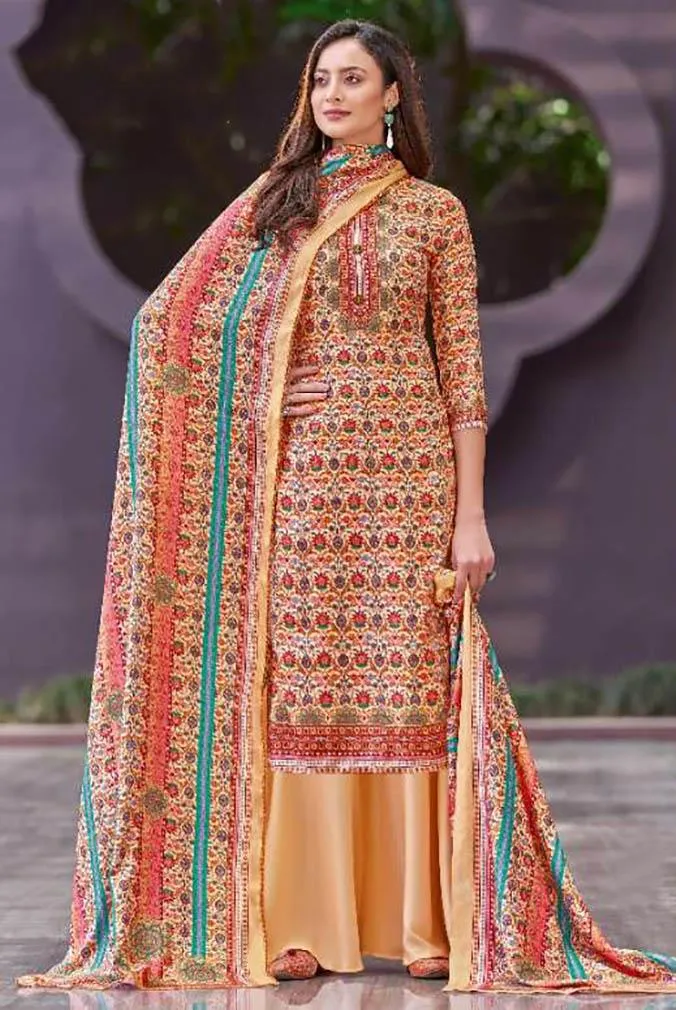 Pure Wool Pashmina Peach Unstitched Suits with Shawl