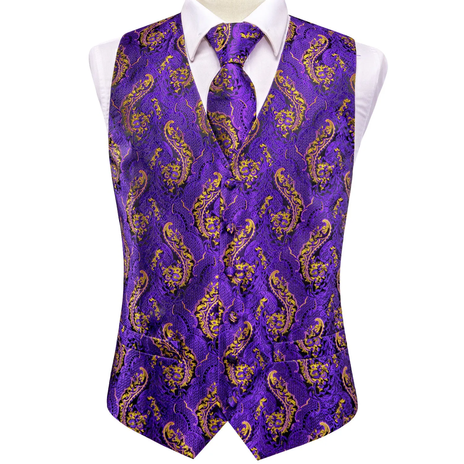 Purple Golden Paisley Jacquard Silk Men's Vest Hanky Cufflinks Tie Set