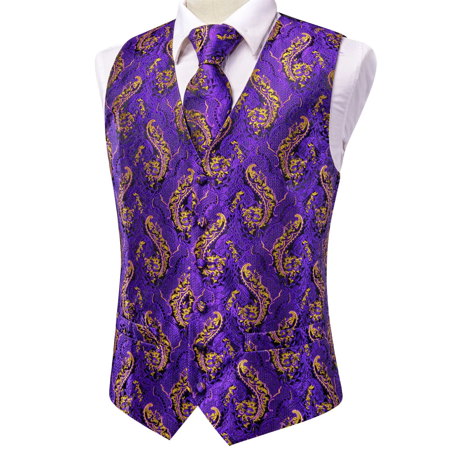 Purple Golden Paisley Jacquard Silk Men's Vest Hanky Cufflinks Tie Set