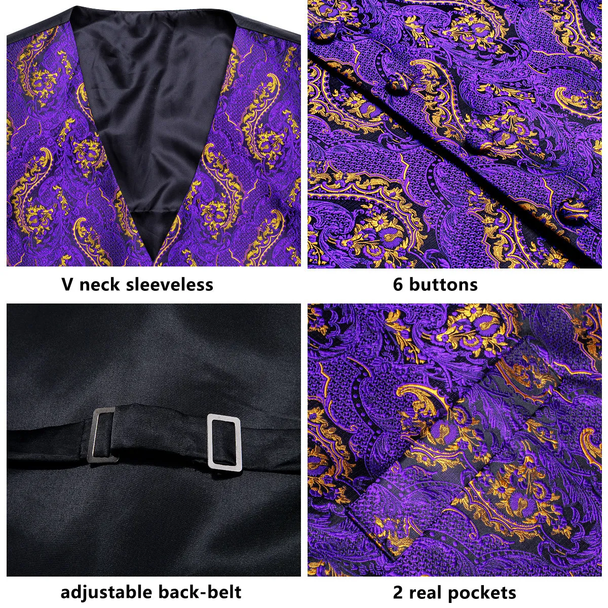 Purple Golden Paisley Jacquard Silk Men's Vest Hanky Cufflinks Tie Set