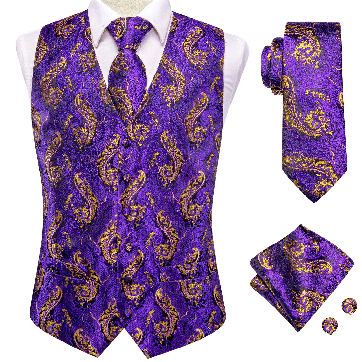 Purple Golden Paisley Jacquard Silk Men's Vest Hanky Cufflinks Tie Set