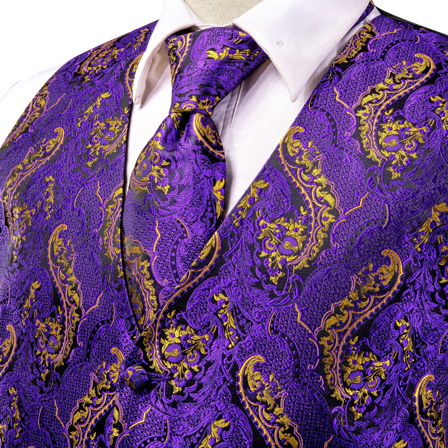 Purple Golden Paisley Jacquard Silk Men's Vest Hanky Cufflinks Tie Set