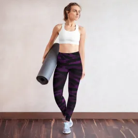 Purple Tiger Striped Yoga Leggings, Colorful Animal Print Women's Long Yoga Pants-Made in USA/EU