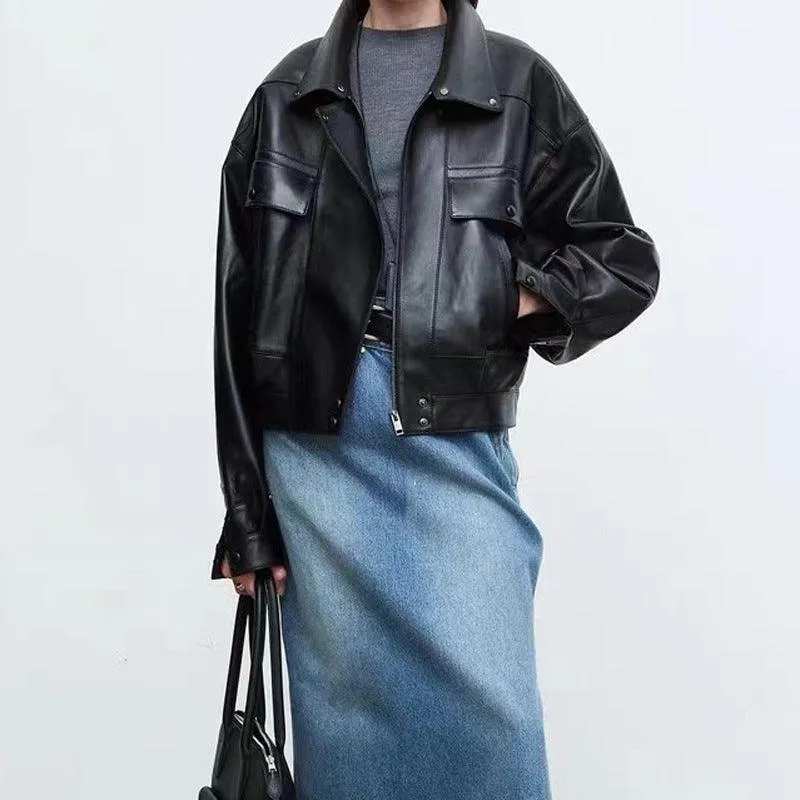 Sheepskin Retro Loose Profile Casual Short Jacket – Effortless Elegance in Genuine Leather