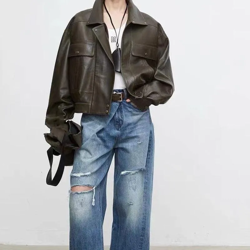 Sheepskin Retro Loose Profile Casual Short Jacket – Effortless Elegance in Genuine Leather