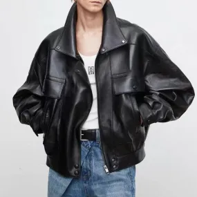 Sheepskin Retro Loose Profile Casual Short Jacket – Effortless Elegance in Genuine Leather