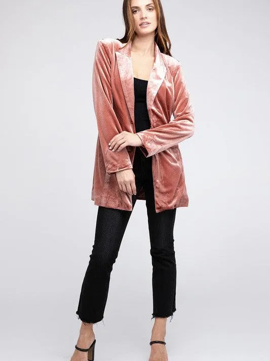 Shine in Velvet Peak Lapel Long Single Style Blazer