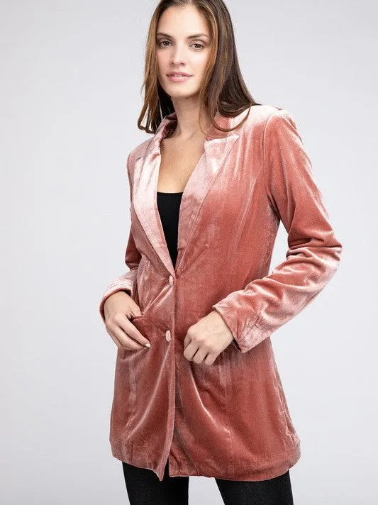 Shine in Velvet Peak Lapel Long Single Style Blazer