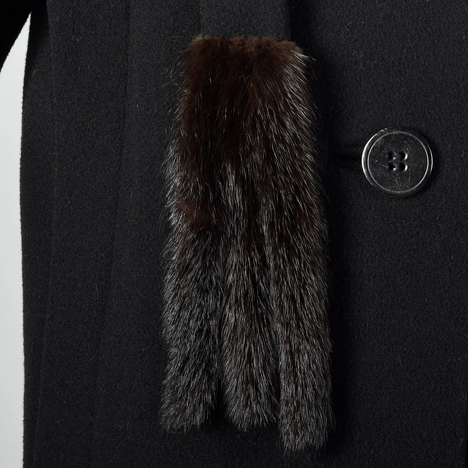 Small 1980s Pauline Trigere Black Wool Coat with Removable Mink Tail Scarf