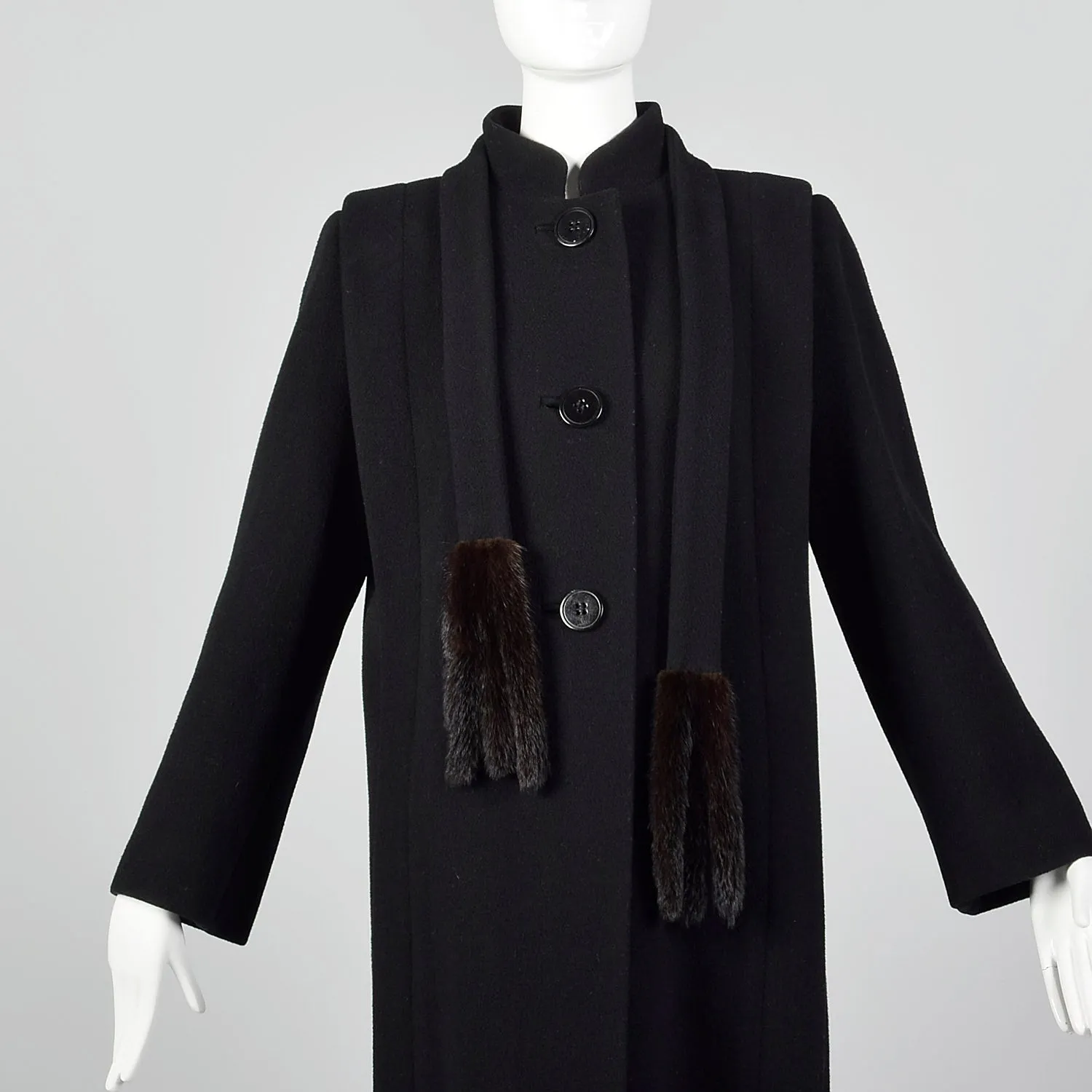 Small 1980s Pauline Trigere Black Wool Coat with Removable Mink Tail Scarf