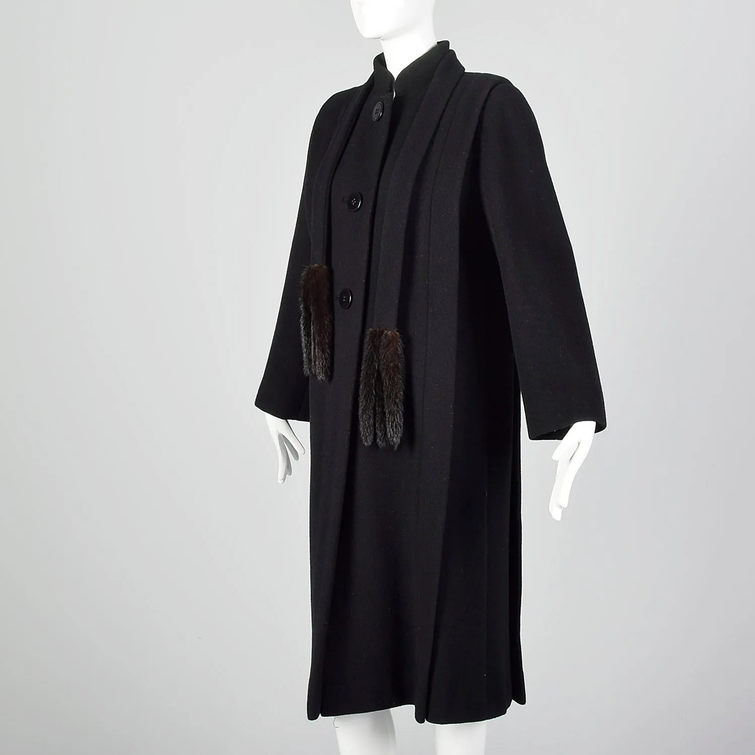 Small 1980s Pauline Trigere Black Wool Coat with Removable Mink Tail Scarf