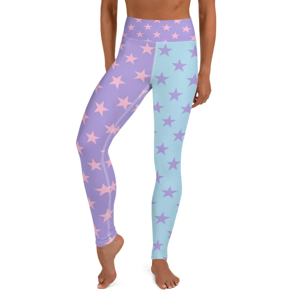 Star Leggings, Color Block Pastel Purple Blue Pink Workout Party Gym Yoga Pants Leggings