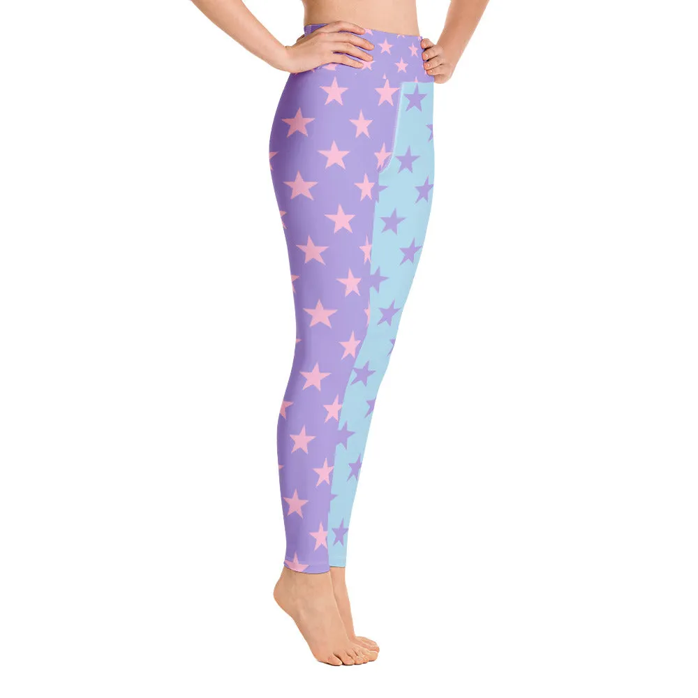 Star Leggings, Color Block Pastel Purple Blue Pink Workout Party Gym Yoga Pants Leggings