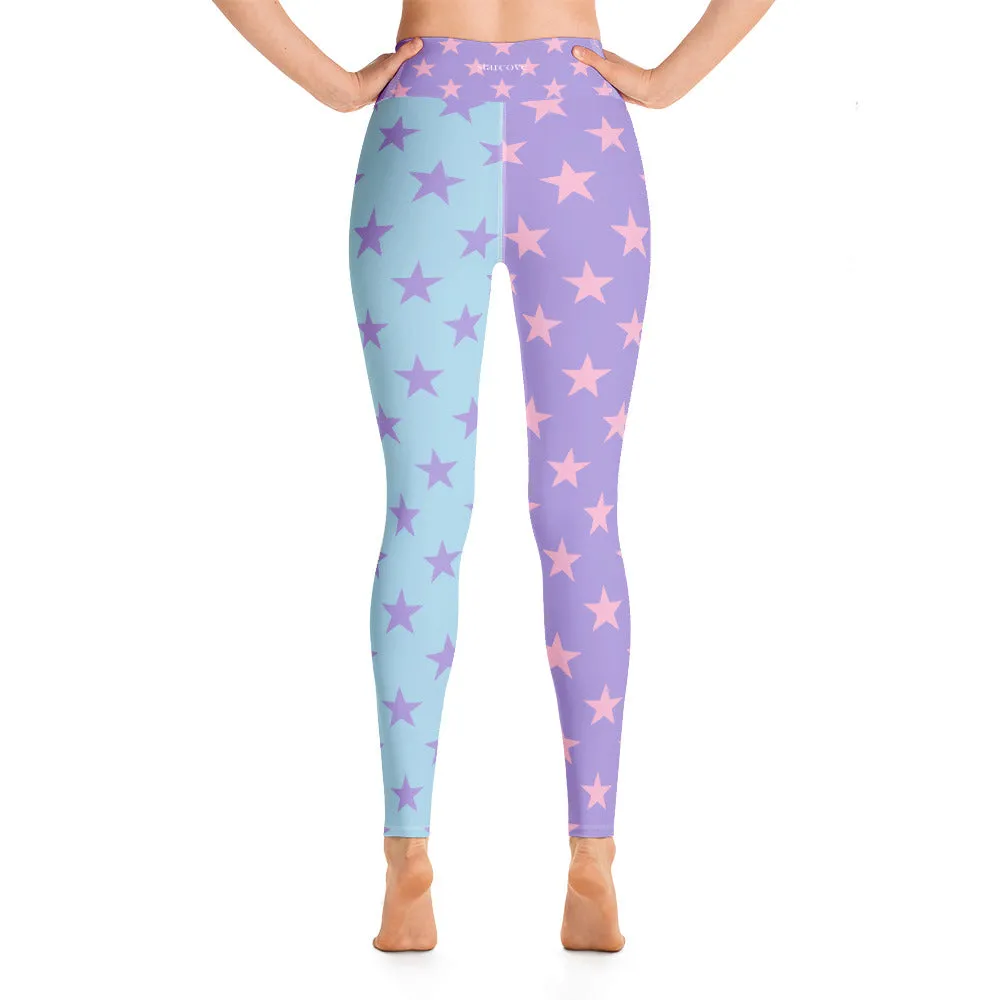Star Leggings, Color Block Pastel Purple Blue Pink Workout Party Gym Yoga Pants Leggings