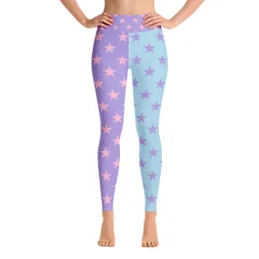 Star Leggings, Color Block Pastel Purple Blue Pink Workout Party Gym Yoga Pants Leggings