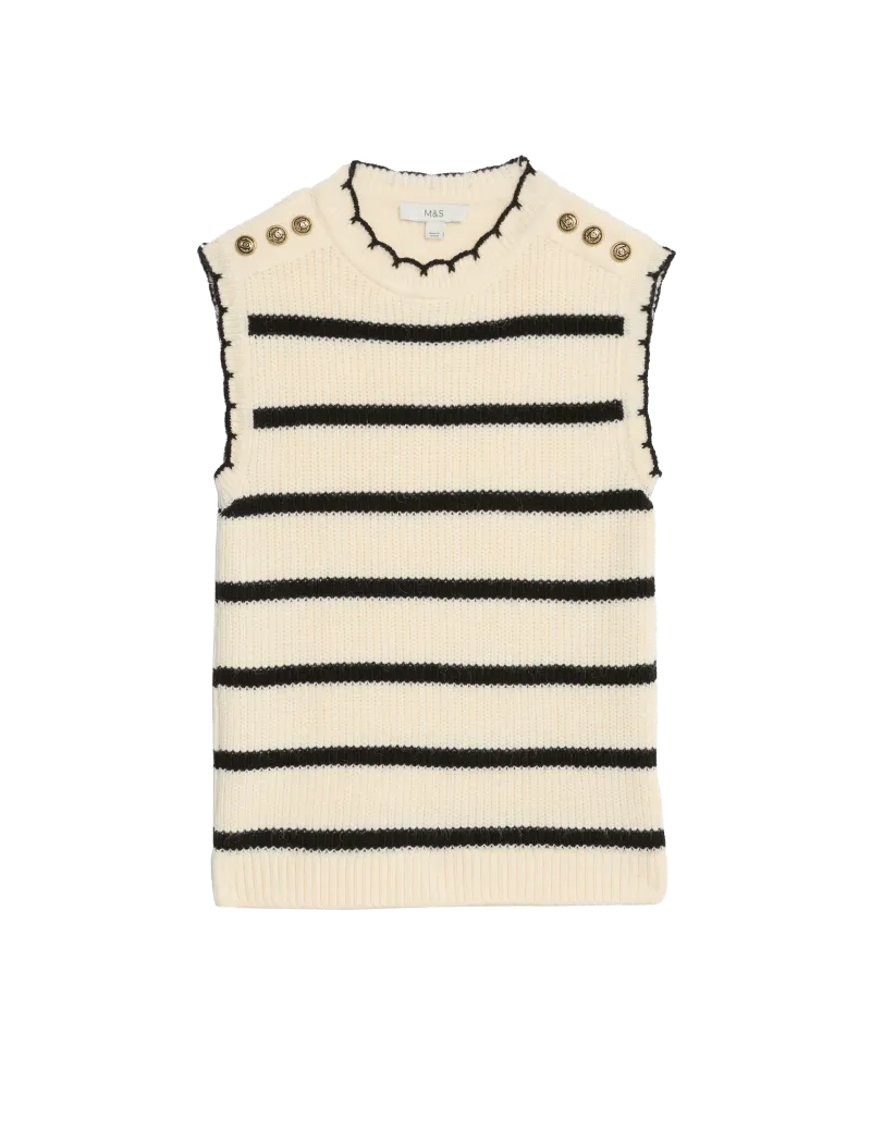 Striped Crew Neck Scalloped Edge Knitted Vest