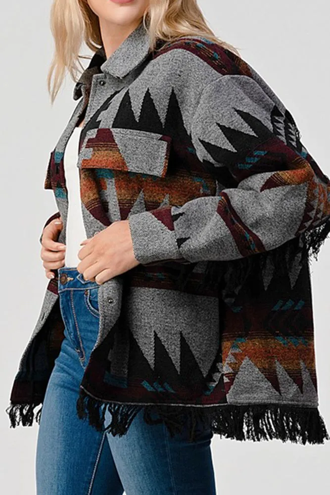 Tassel Hem Aztec Pockets Open Button Shackets