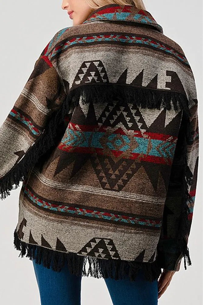 Tassel Hem Aztec Pockets Open Button Shackets