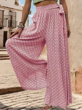 Tribal Print Flowy Pants with Tie Waist - Wide-Leg Trousers
