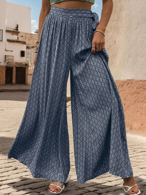 Tribal Print Flowy Pants with Tie Waist - Wide-Leg Trousers