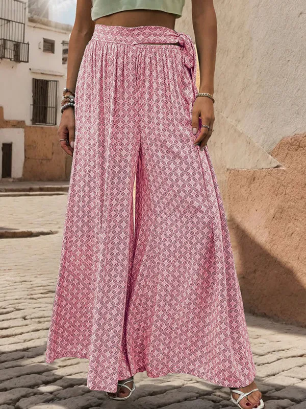 Tribal Print Flowy Pants with Tie Waist - Wide-Leg Trousers