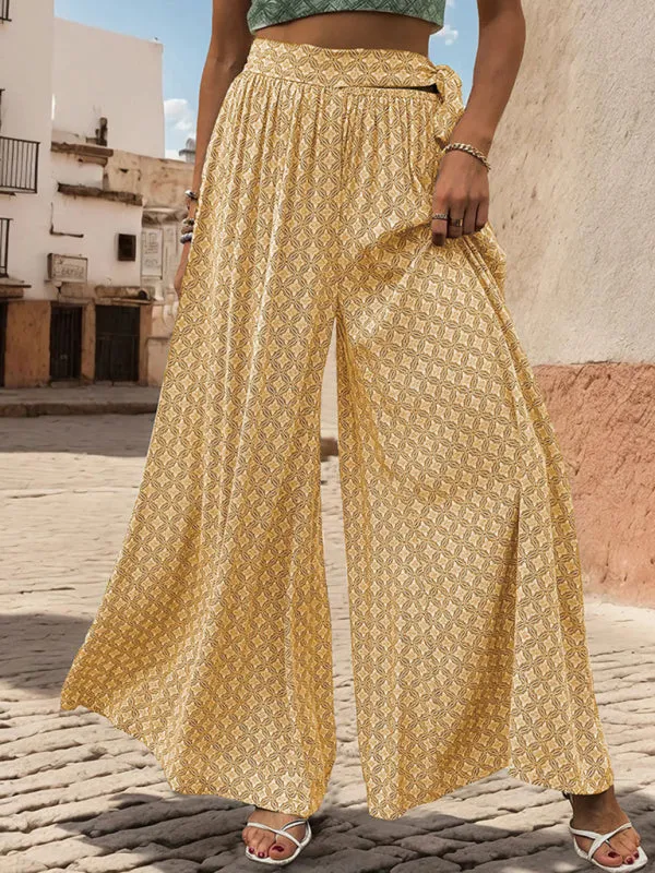 Tribal Print Flowy Pants with Tie Waist - Wide-Leg Trousers