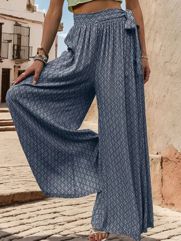 Tribal Print Flowy Pants with Tie Waist - Wide-Leg Trousers