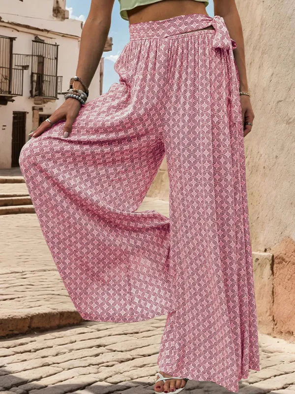 Tribal Print Flowy Pants with Tie Waist - Wide-Leg Trousers