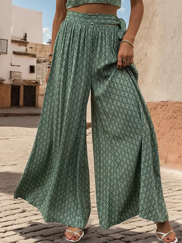 Tribal Print Flowy Pants with Tie Waist - Wide-Leg Trousers