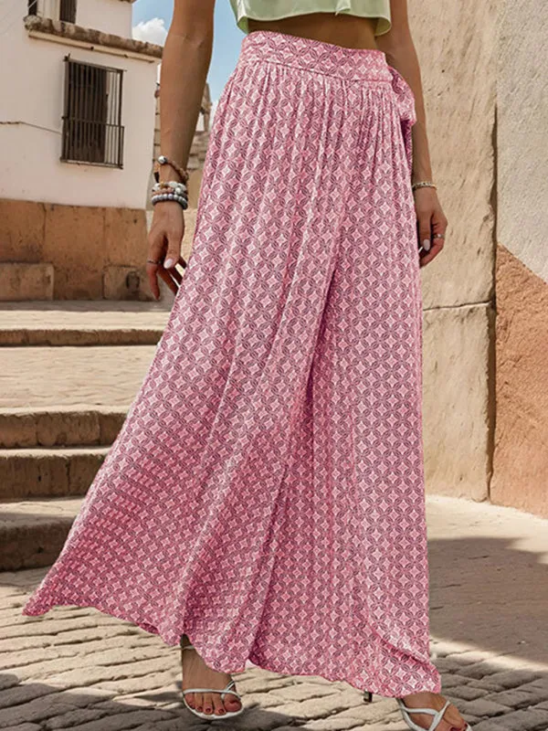 Tribal Print Flowy Pants with Tie Waist - Wide-Leg Trousers