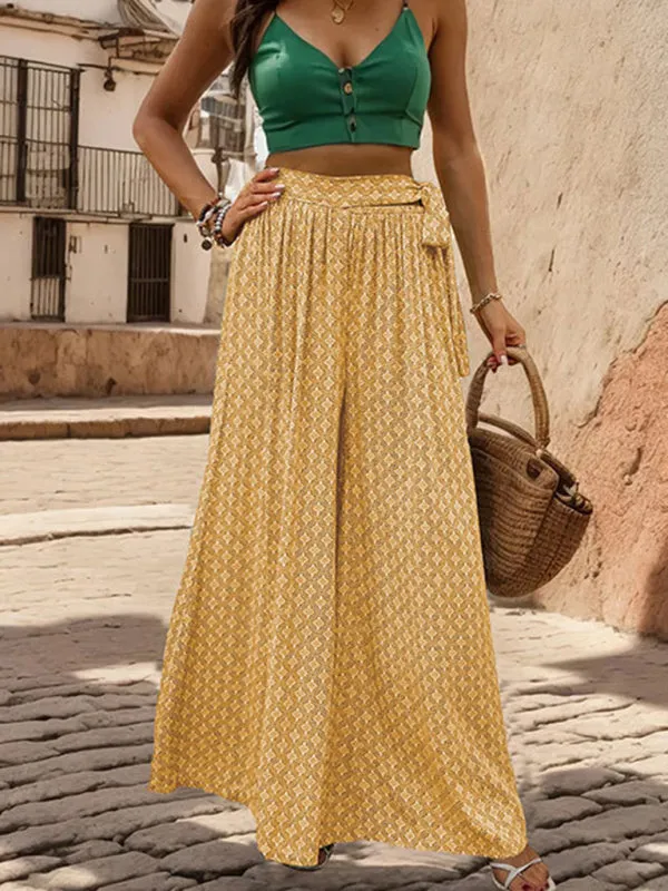 Tribal Print Flowy Pants with Tie Waist - Wide-Leg Trousers