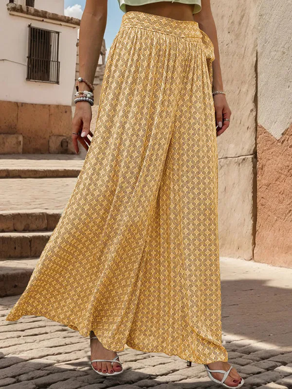 Tribal Print Flowy Pants with Tie Waist - Wide-Leg Trousers