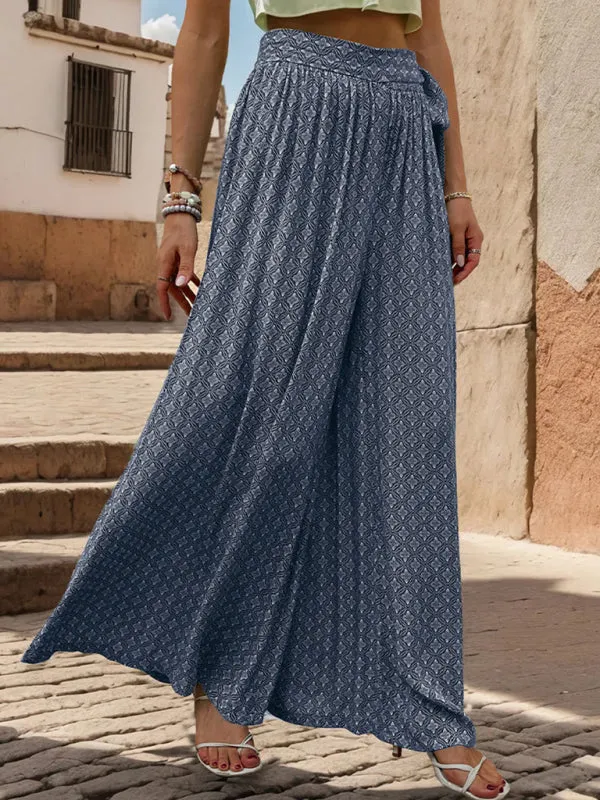 Tribal Print Flowy Pants with Tie Waist - Wide-Leg Trousers