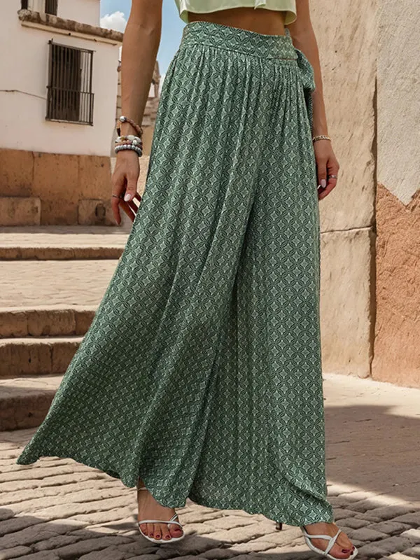 Tribal Print Flowy Pants with Tie Waist - Wide-Leg Trousers