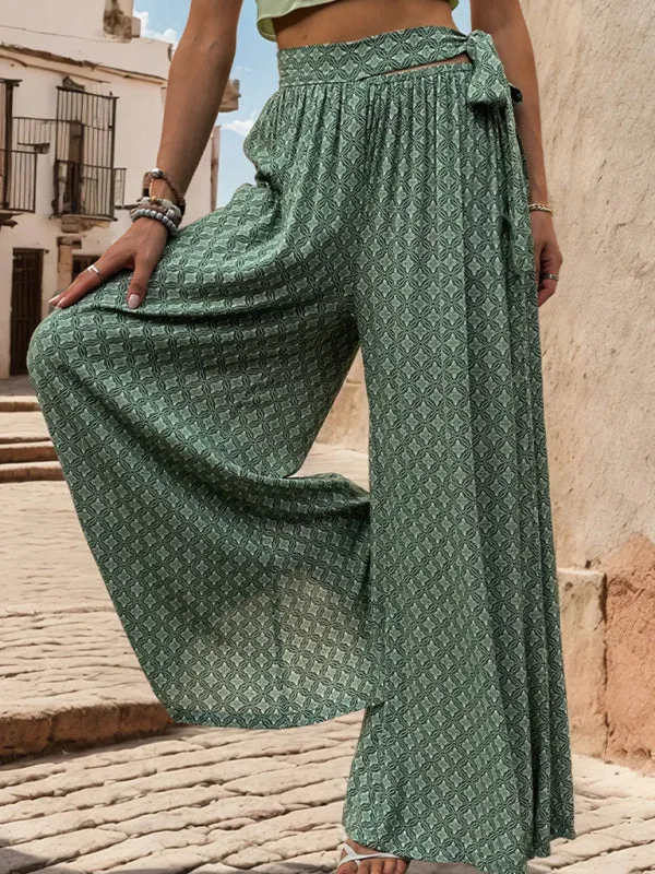 Tribal Print Flowy Pants with Tie Waist - Wide-Leg Trousers