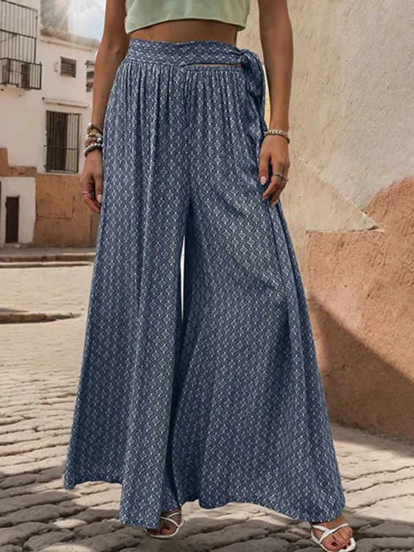 Tribal Print Flowy Pants with Tie Waist - Wide-Leg Trousers