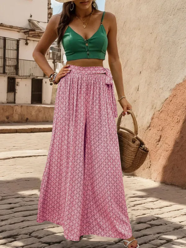 Tribal Print Flowy Pants with Tie Waist - Wide-Leg Trousers