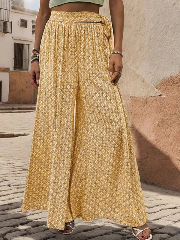 Tribal Print Flowy Pants with Tie Waist - Wide-Leg Trousers