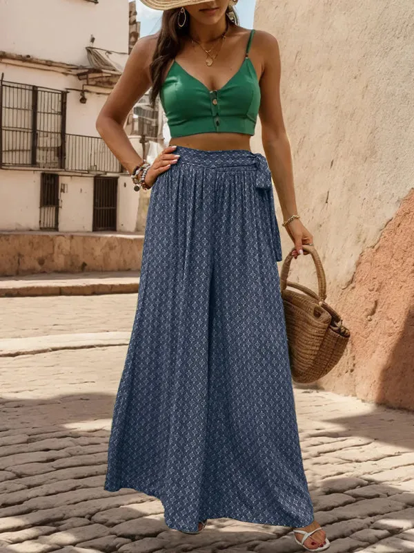 Tribal Print Flowy Pants with Tie Waist - Wide-Leg Trousers