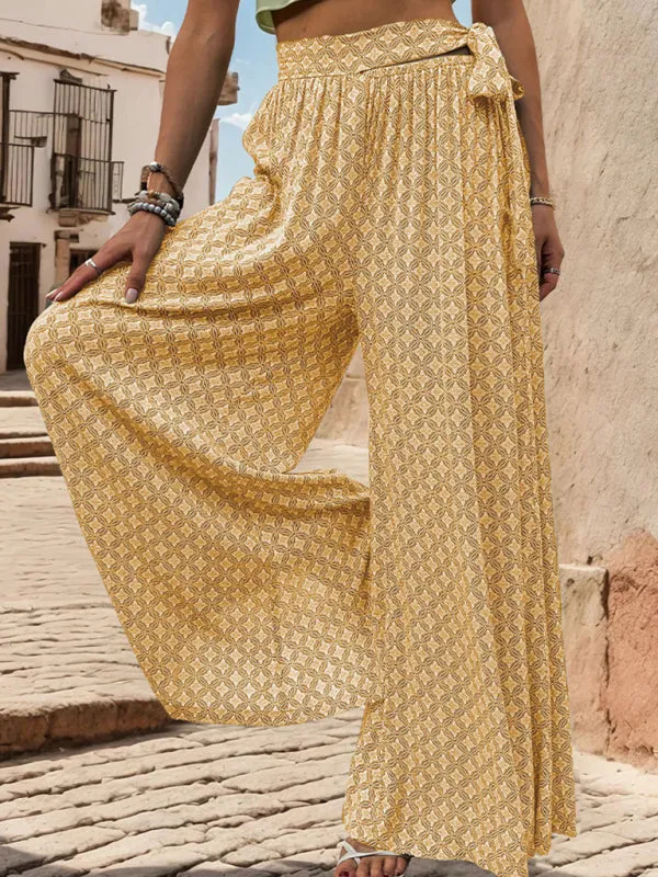 Tribal Print Flowy Pants with Tie Waist - Wide-Leg Trousers