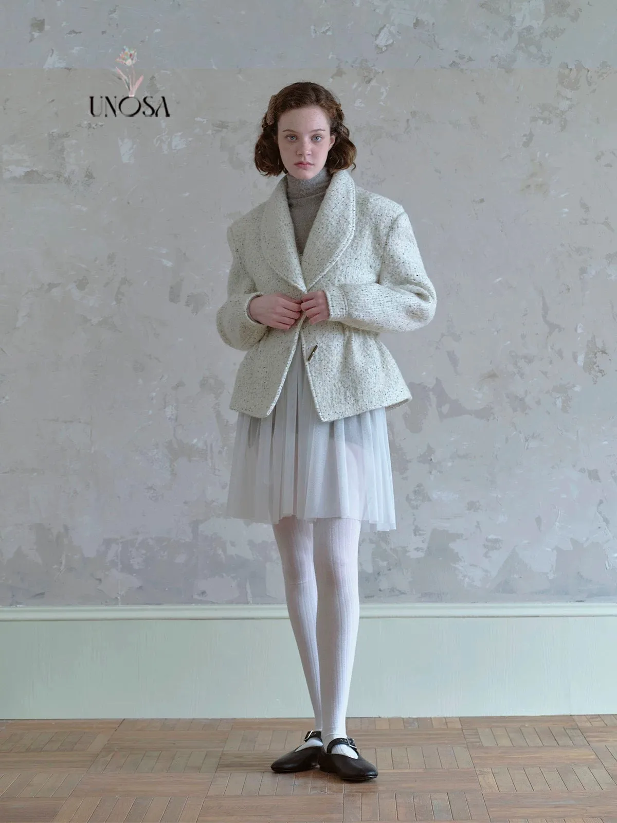 [UNOSA] Lost In Time Vintage Style Off-shoulder Slim Fit Wool Coat