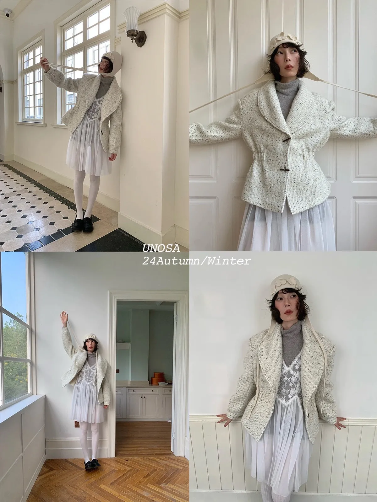 [UNOSA] Lost In Time Vintage Style Off-shoulder Slim Fit Wool Coat
