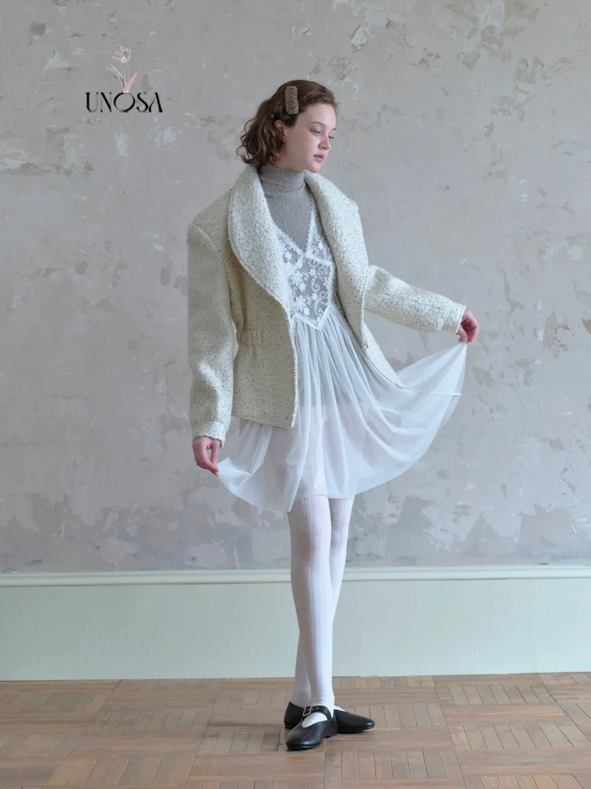 [UNOSA] Lost In Time Vintage Style Off-shoulder Slim Fit Wool Coat