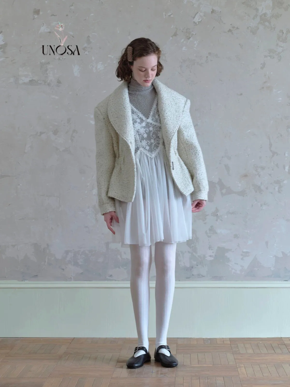 [UNOSA] Lost In Time Vintage Style Off-shoulder Slim Fit Wool Coat