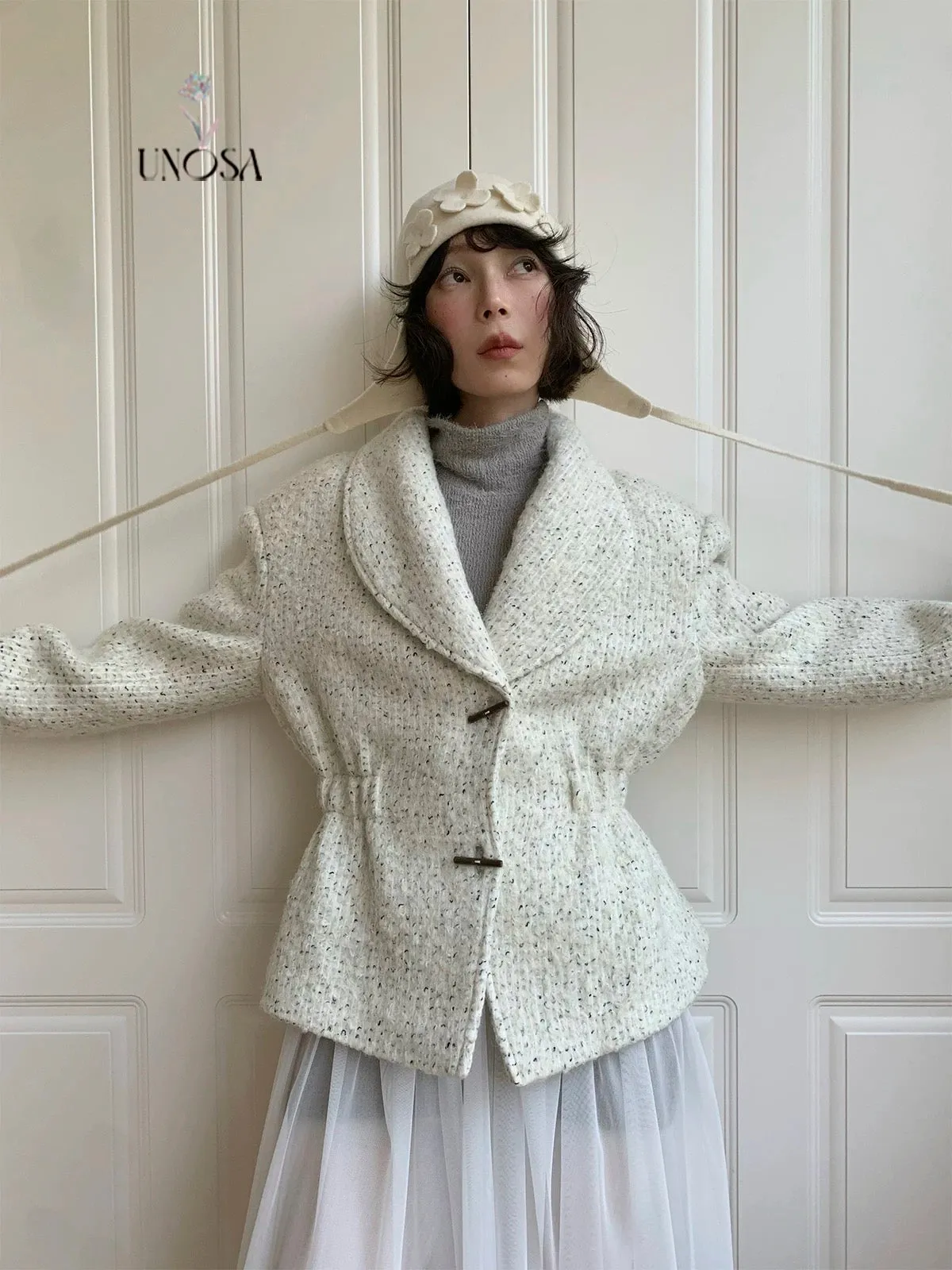 [UNOSA] Lost In Time Vintage Style Off-shoulder Slim Fit Wool Coat