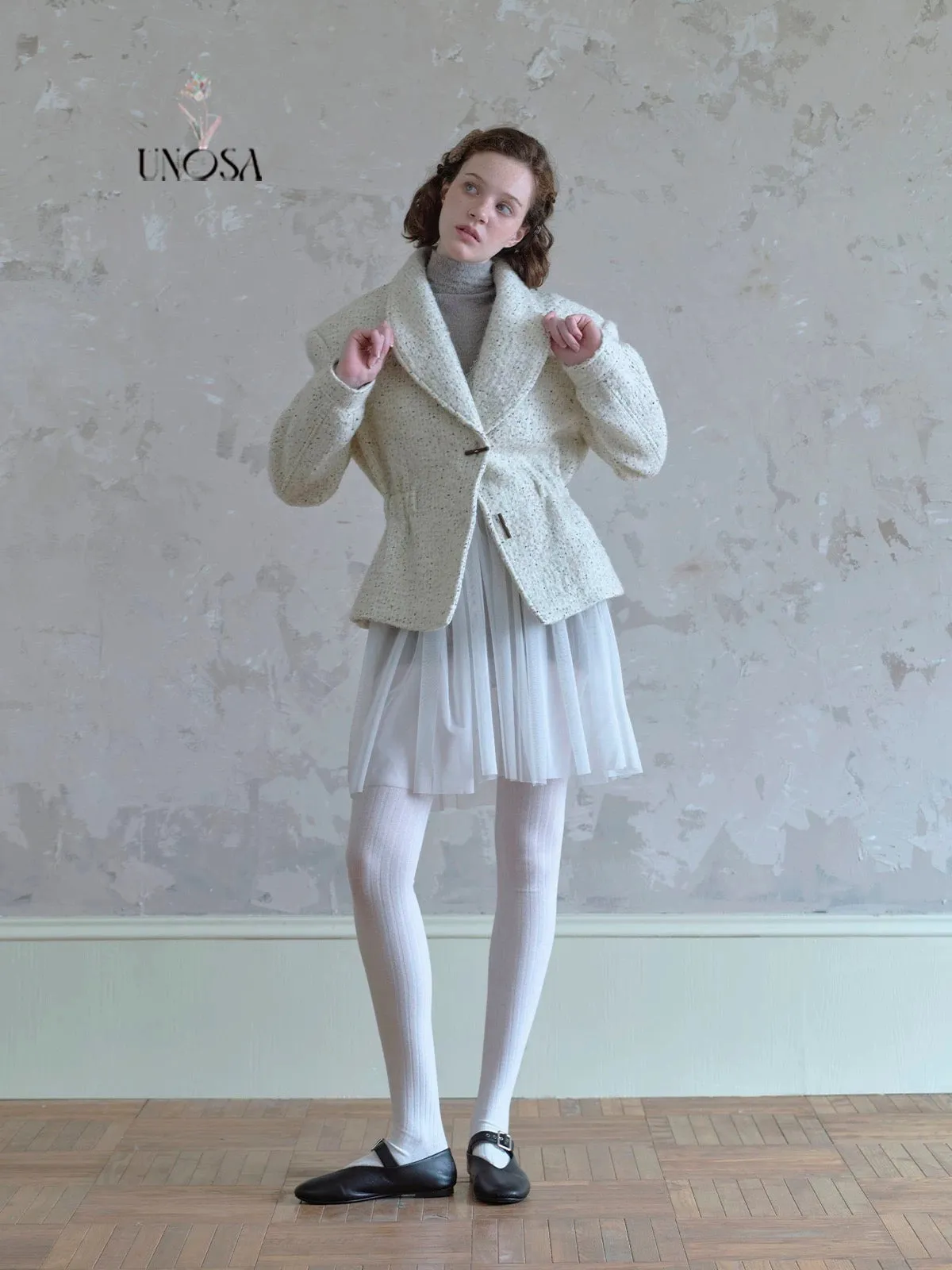 [UNOSA] Lost In Time Vintage Style Off-shoulder Slim Fit Wool Coat