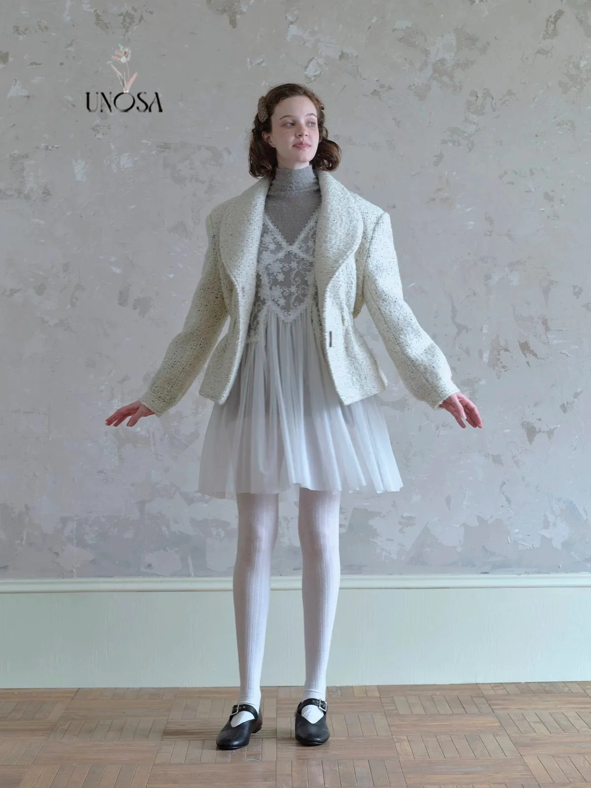[UNOSA] Lost In Time Vintage Style Off-shoulder Slim Fit Wool Coat