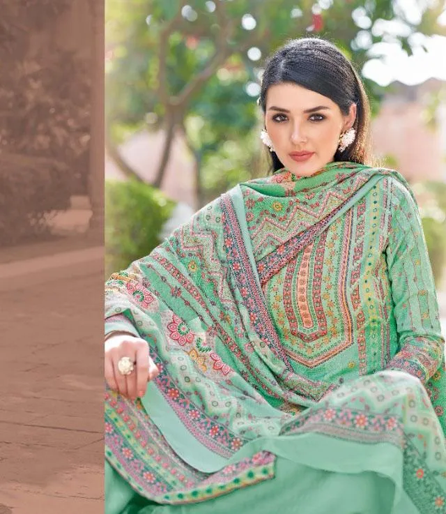 Unstitched Wool Pashmina Green Winter Women Suits Set