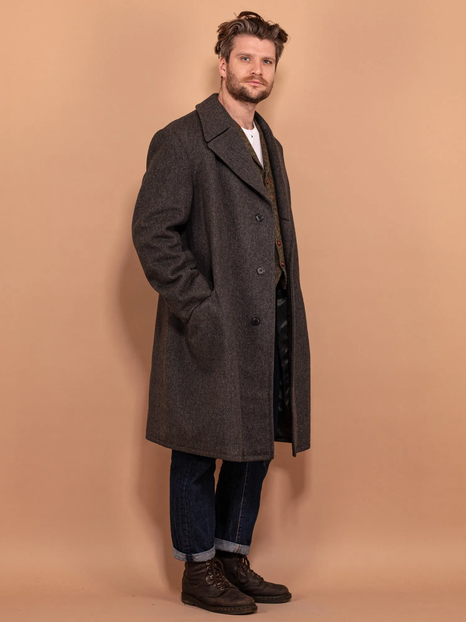 Vintage 70's Men Heavy Insulated Wool Coat in Grey